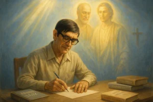 Chico Xavier practicing psychography with spirits Emmanuel and André Luiz in the background, representing mediumship and spiritual communication in Brazilian Spiritism